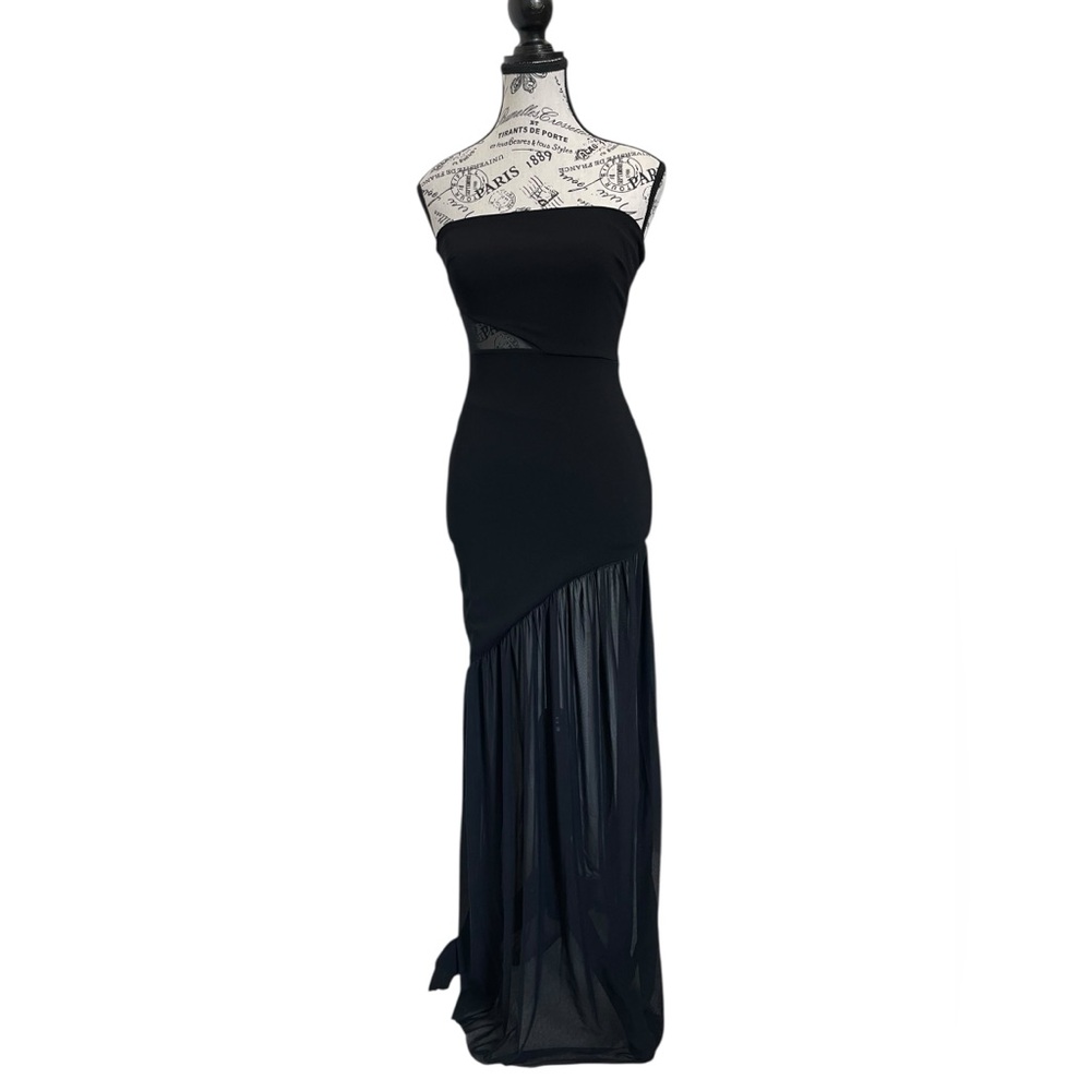 Lulus Black Strapless Maxi Dress Sheer Mesh Overlay Cutout Asymmetrical Hem XS